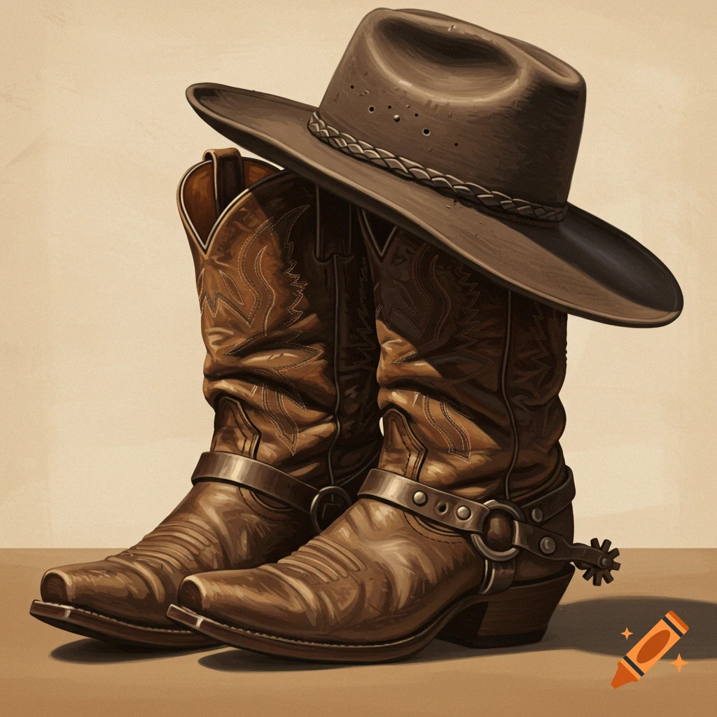 Brown cowboy boots with spurs and a brown stetson hat sit together.