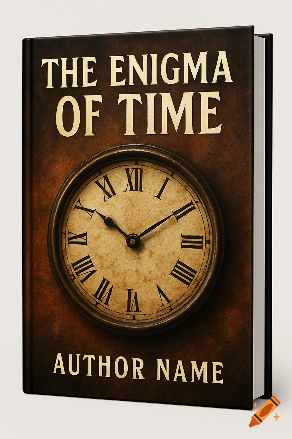 A 3D rendered book cover titled "The Enigma of Time" featuring an old clock face with Roman numerals.