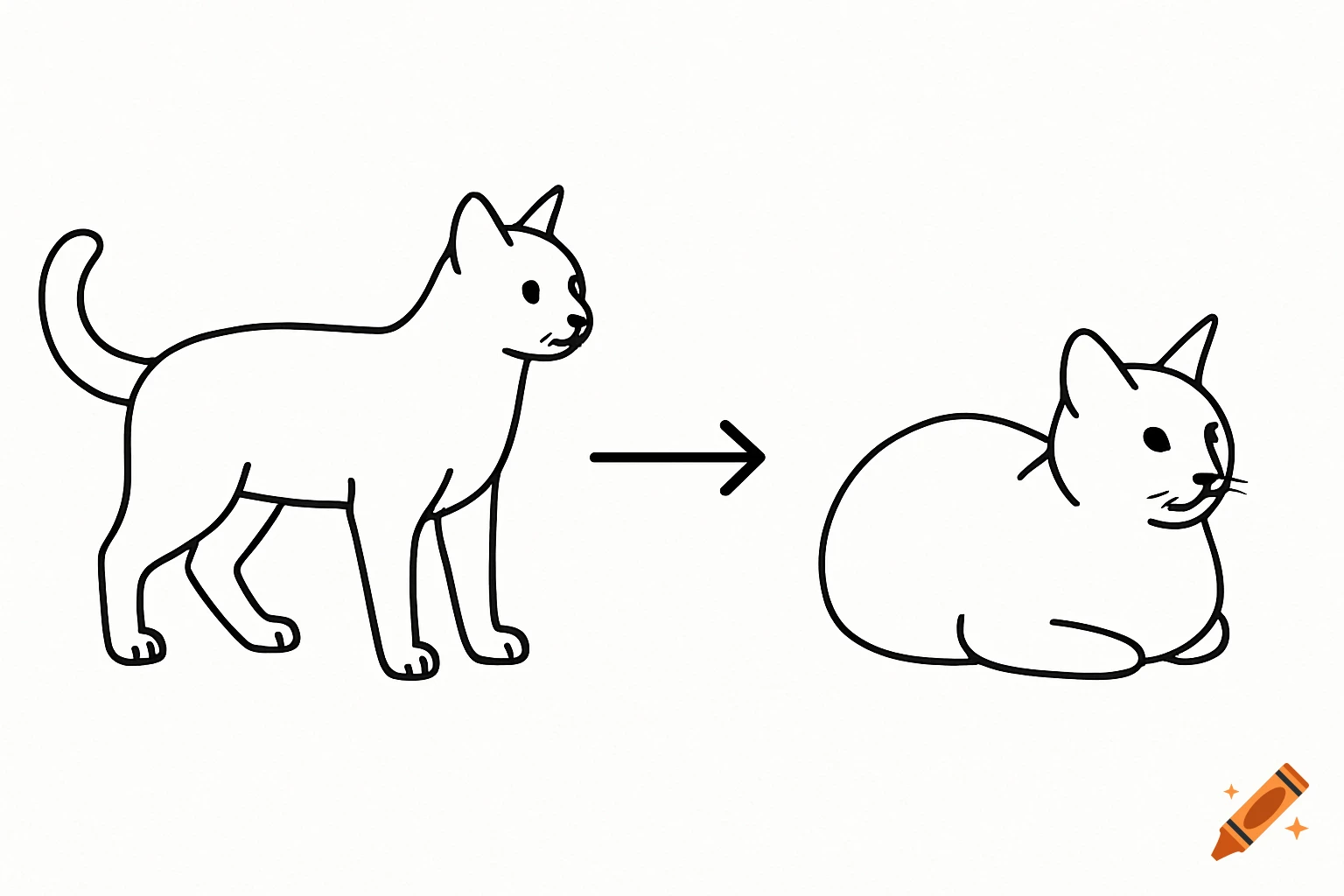 Line drawing diagram showing a cat standing and then sitting in a loaf shape, indicated by an arrow.