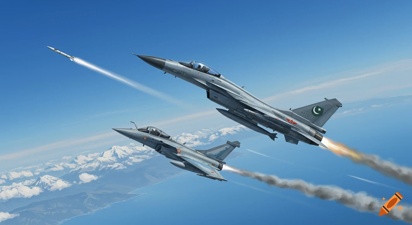 Two fighter jets fly high above snow-capped mountains and a coastline, one fires a missile.
