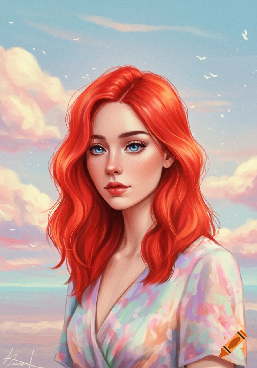 A digital painting portrait of a woman with red hair looking at the ...