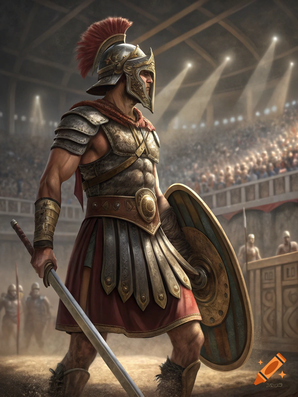 A muscular gladiator in ornate armor stands in a sunlit arena, holding ...
