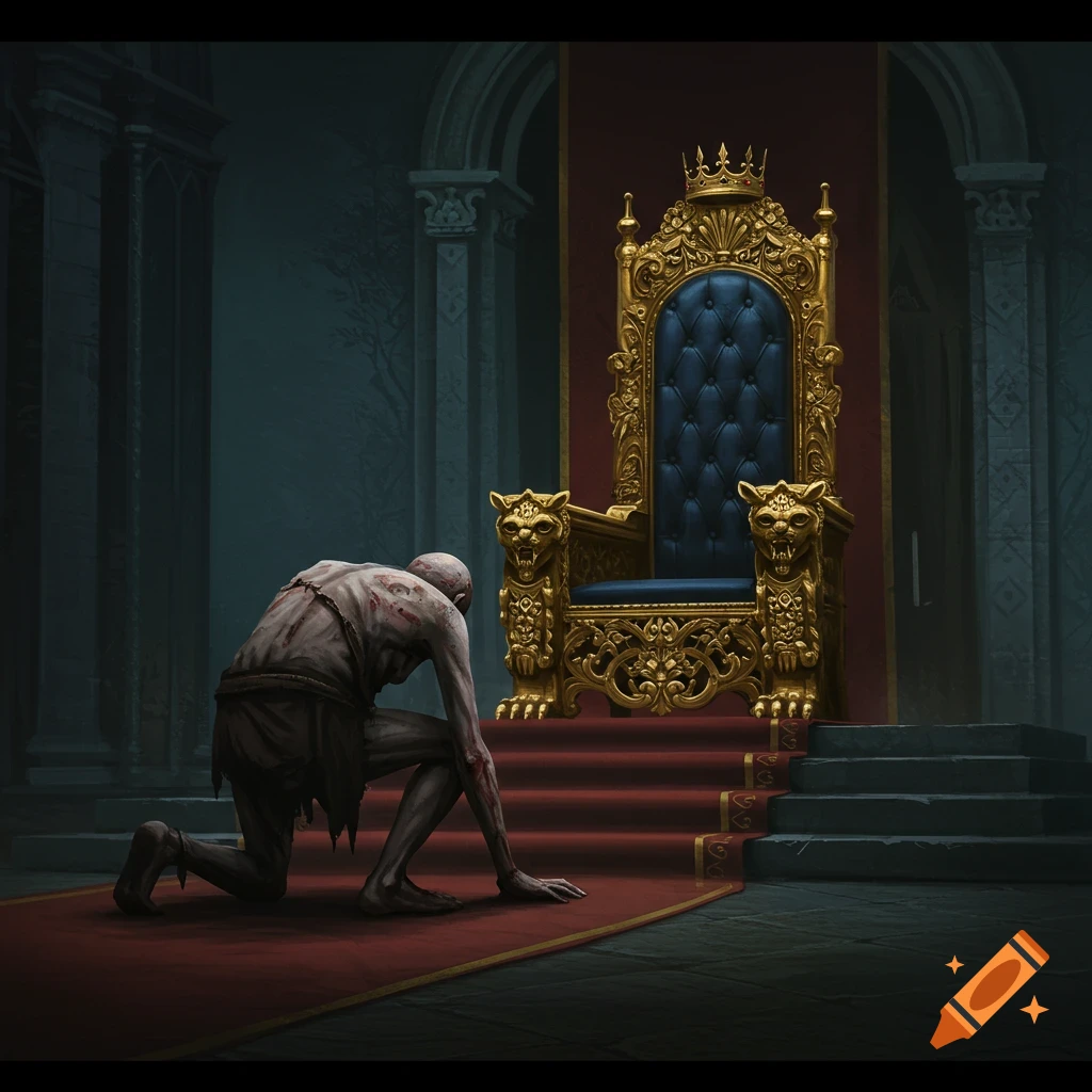 An emaciated figure kneels before a large golden throne in a dark hall.