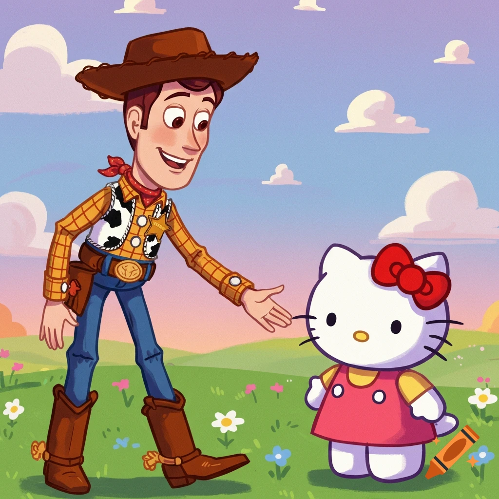 Woody reaches out to Hello Kitty in a field.