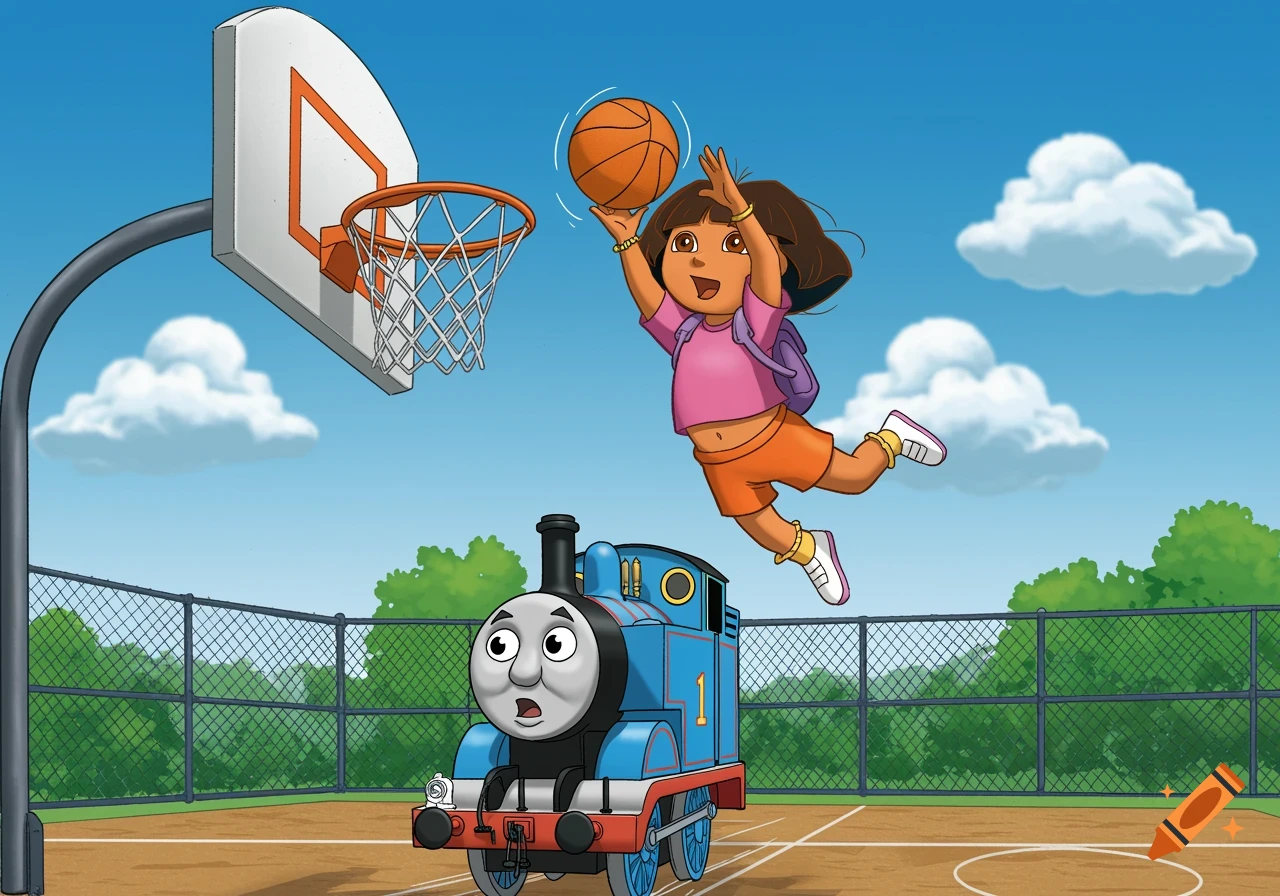Dora the Explorer dunks a basketball while riding Thomas the Train on a court.