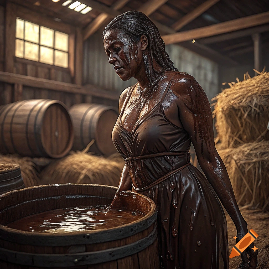Woman covered in molasses stands by barrel in barn