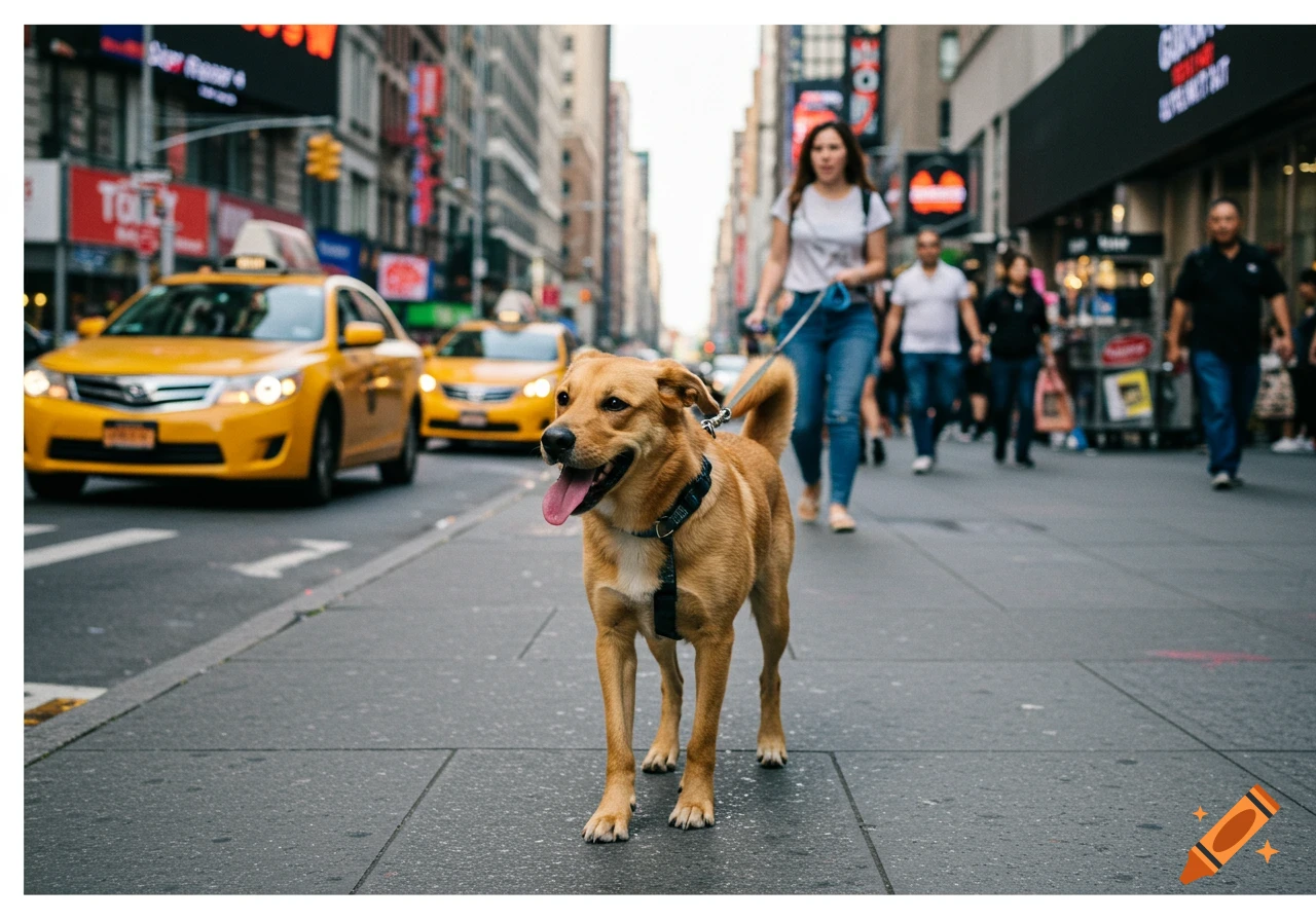 A brown dog on a leash stands on a New York City sidewalk with yellow taxis and people in the blurred background.