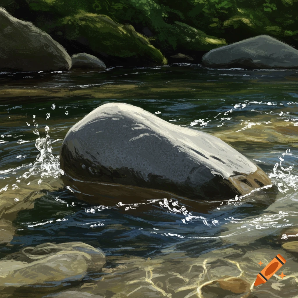 Stone partially submerged in running water in a stream, painterly style