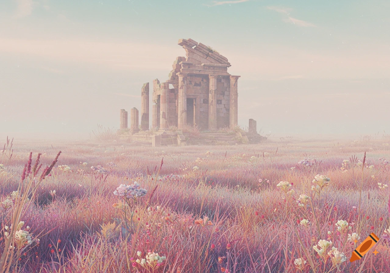 A ruined classical building stands in a misty, pastel-colored field of wildflowers.