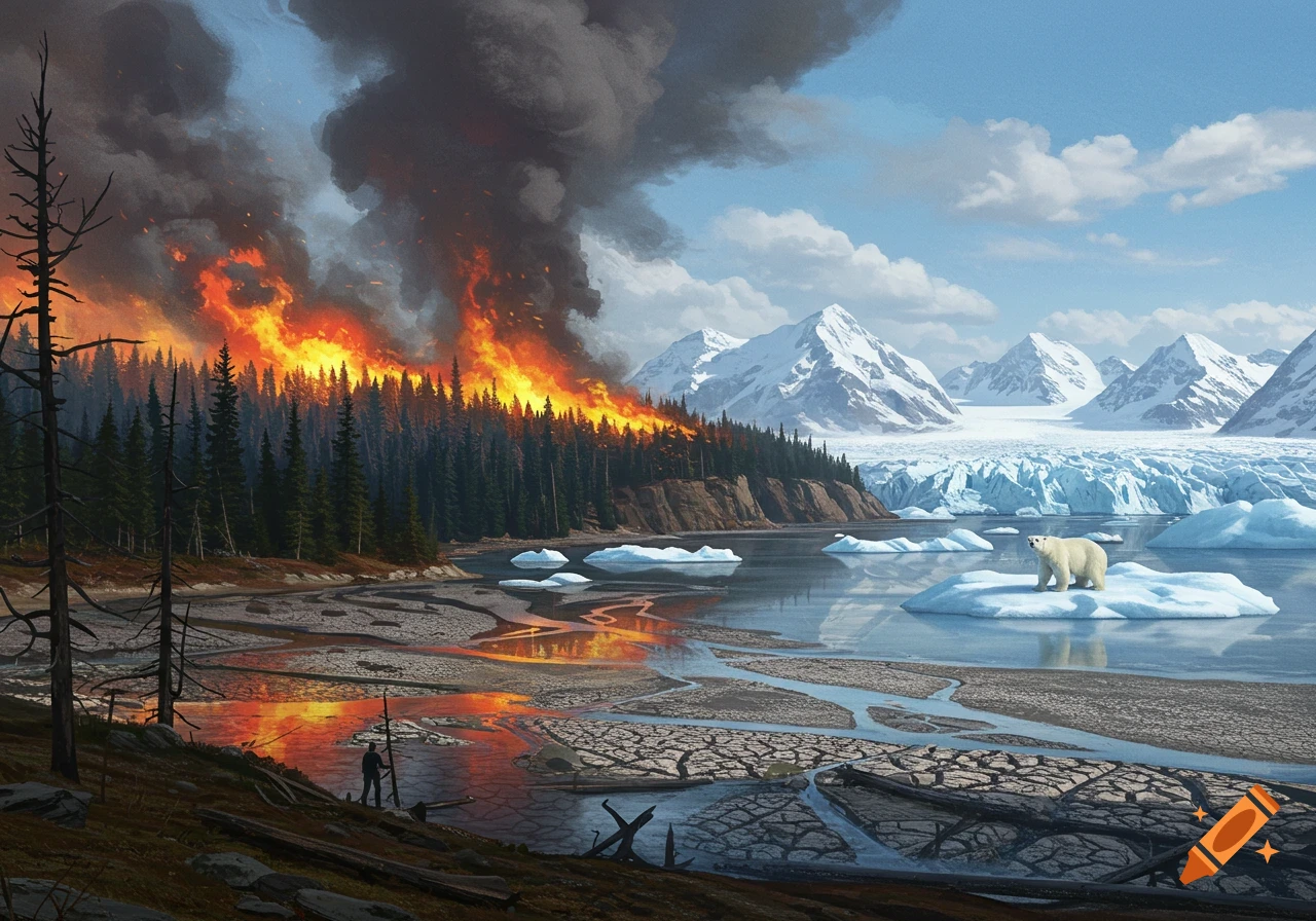 Digital painting showing climate change with forest fire, cracked earth, melting glacier, polar bear on ice, and distant person.