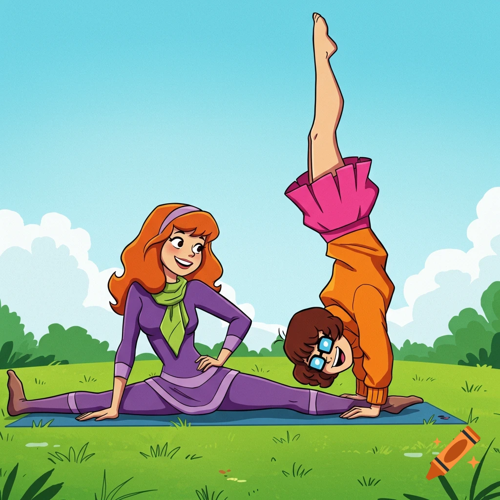 Cartoon image of Scooby-Doo characters Daphne doing splits and Velma doing a handstand yoga pose outdoors, both happy.