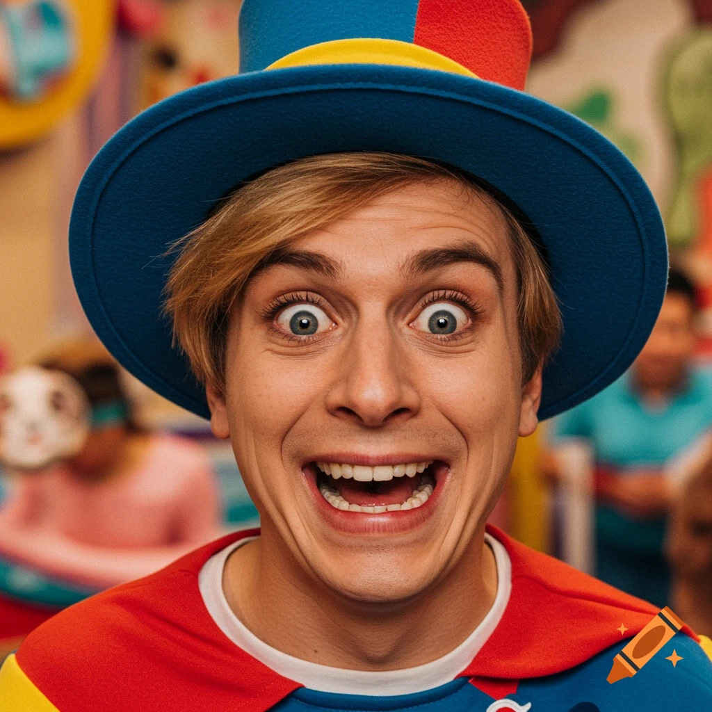 Close-up portrait of a person in a colorful blue hat and cape with a wide, excited smile.