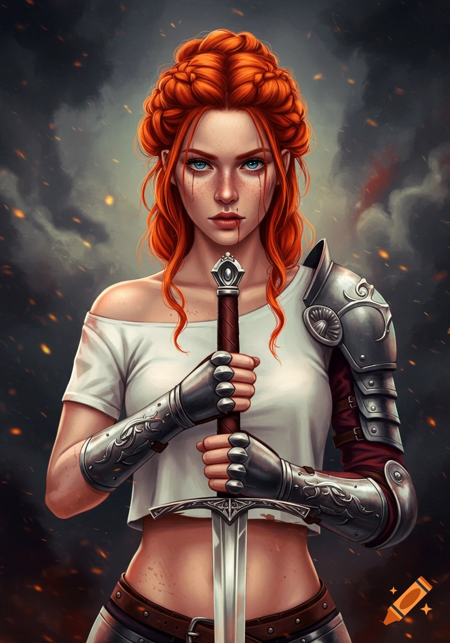 Redhead warrior woman in armor holding a sword, stylized blood marks ...