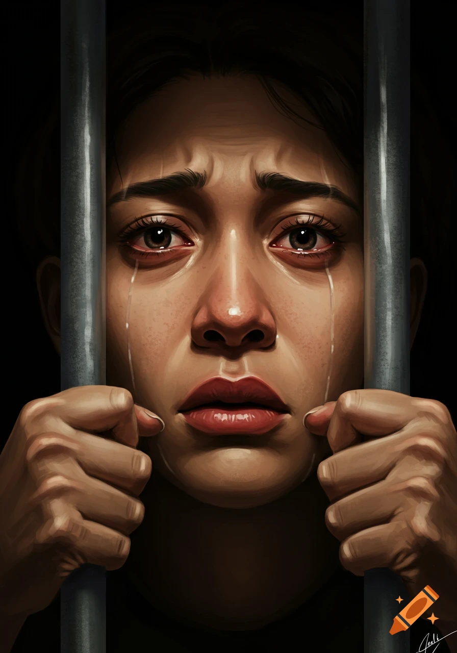 Digital painting of a crying person behind prison bars.