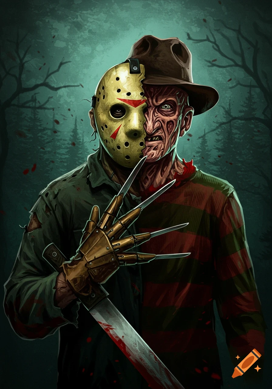 Split portrait of Jason Voorhees (mask) and Freddy Krueger (burned face) with a machete and clawed glove.