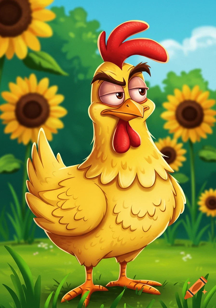 A suspicious-looking cartoon chicken stands in a field of sunflowers.
