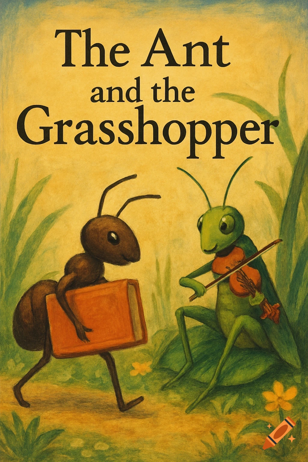 Illustration of an ant carrying a book meeting a grasshopper playing a violin, with the title 'The Ant and the Grasshopper'.