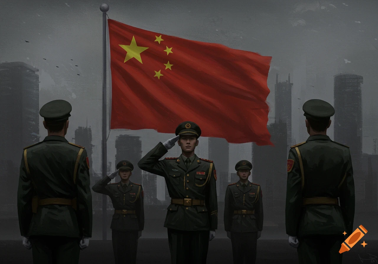 Soldiers salute a large Chinese flag in front of a city skyline