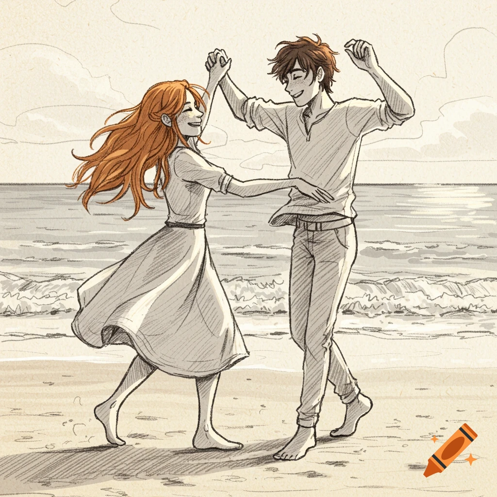 Sketch of two people dancing on a beach