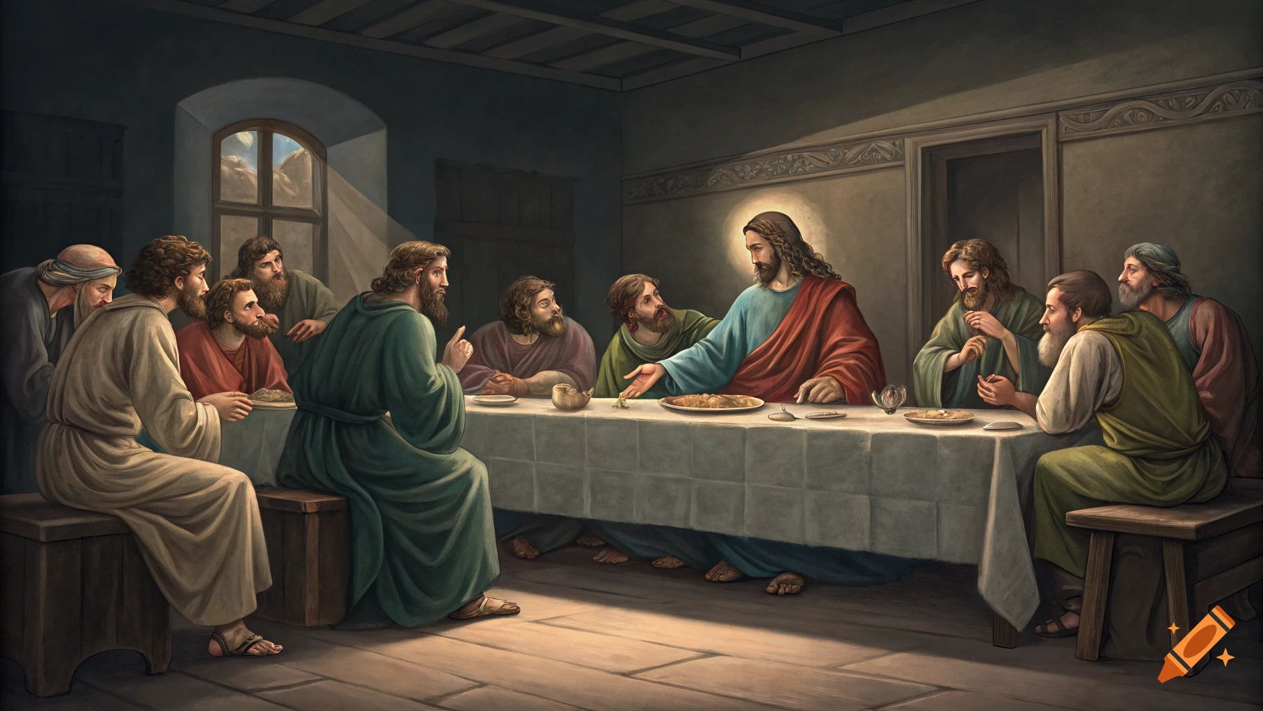A painting of Jesus and his disciples seated around a table during the Last Supper.
