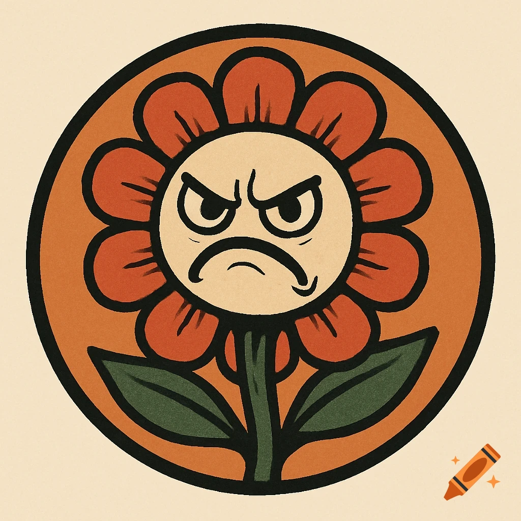 A circular logo featuring an angry cartoon flower with red petals and a tan face.