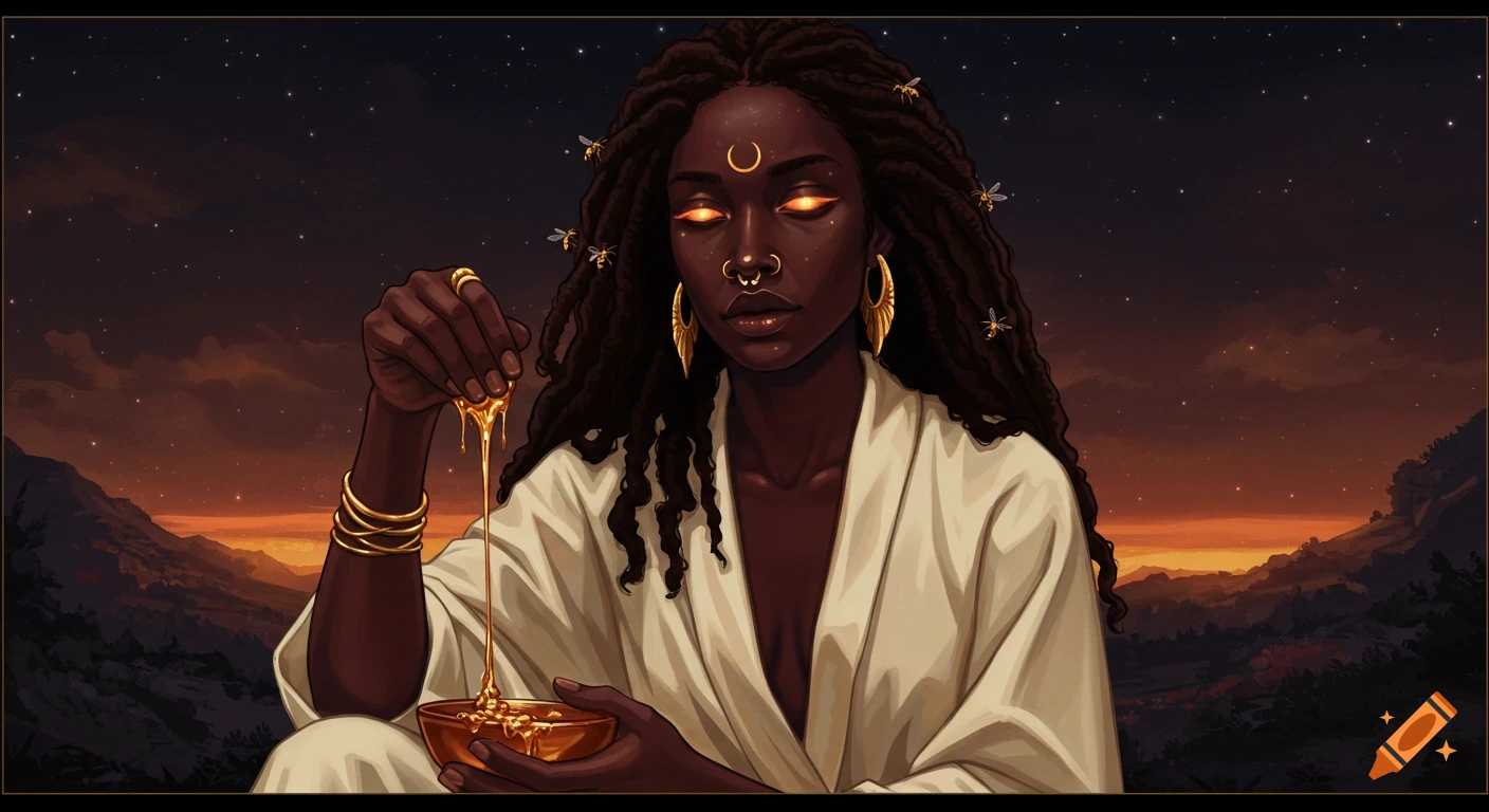 Digital art portrait of a Black woman with glowing eyes and locs ...