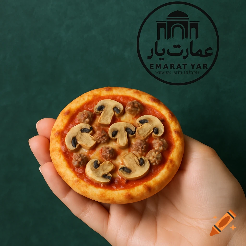 A hand holds a miniature pizza topped with mushrooms and meat on a green background with a logo.