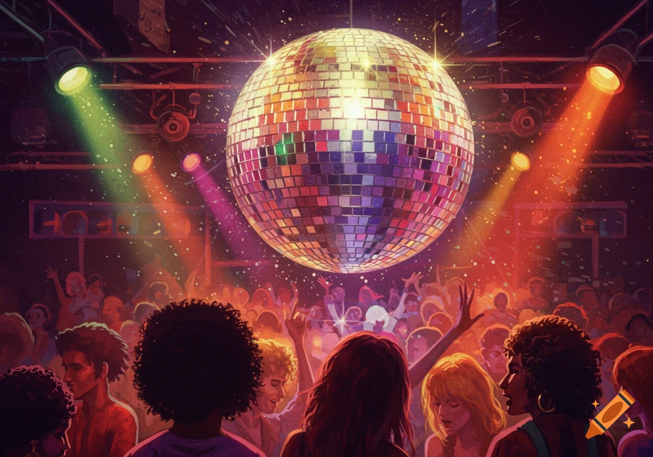 Large disco ball hangs over a crowded dance floor with colorful lights