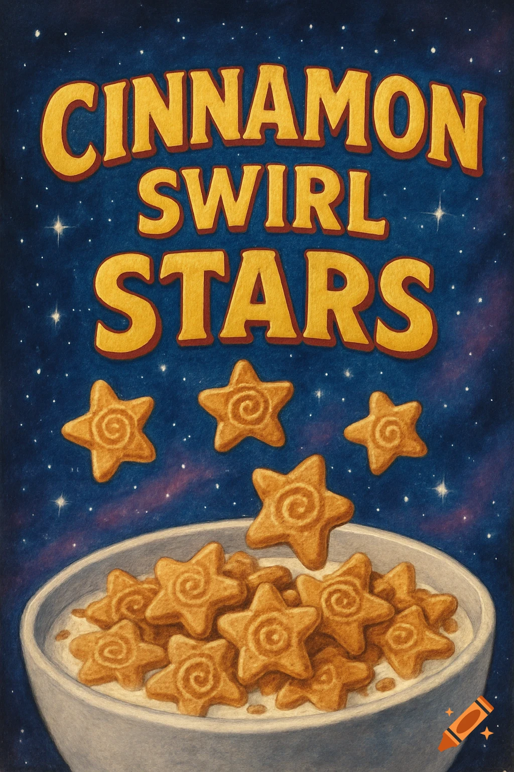 Illustration of a cereal box cover titled 'Cinnamon Swirl Stars' with star-shaped cereal in a bowl against a galaxy background.
