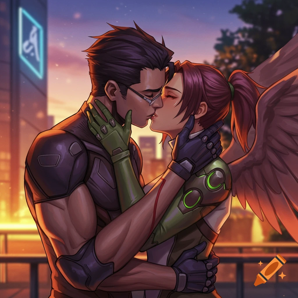 Overwatch characters Mercy and Genji kissing at sunset. Digital illustration.