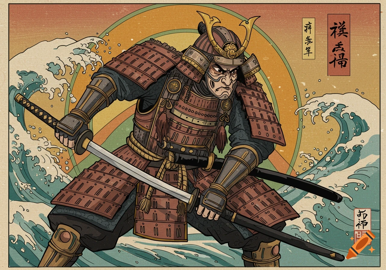 Samurai warrior with swords and waves in a Japanese woodblock print style.