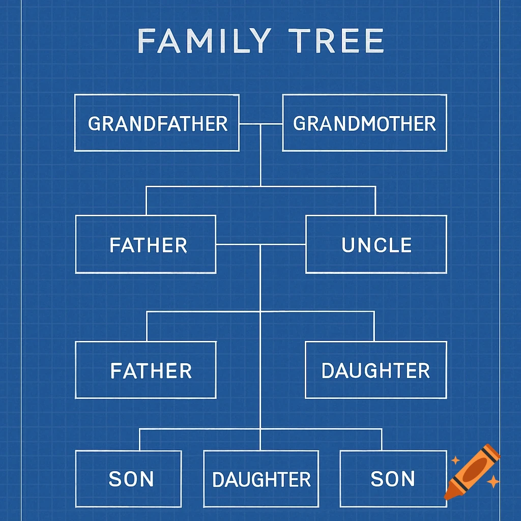 A blueprint style diagram showing a family tree.