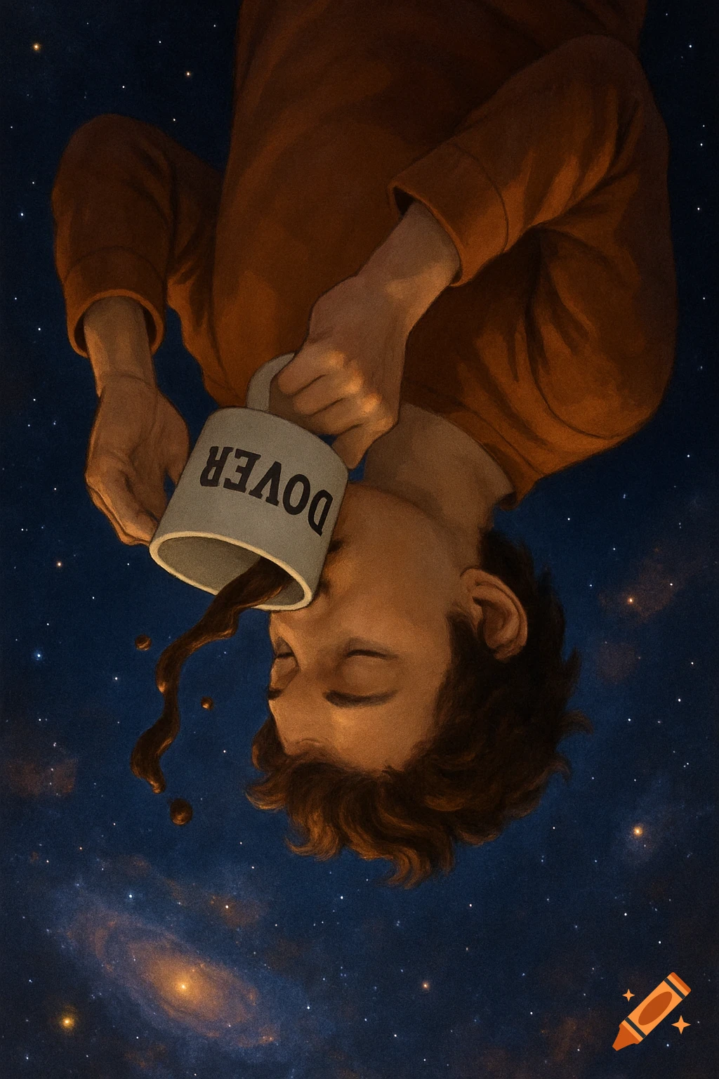 Person floating upside down in space drinking coffee from a mug labeled 'Dover', with a galaxy backdrop. Digital painting.