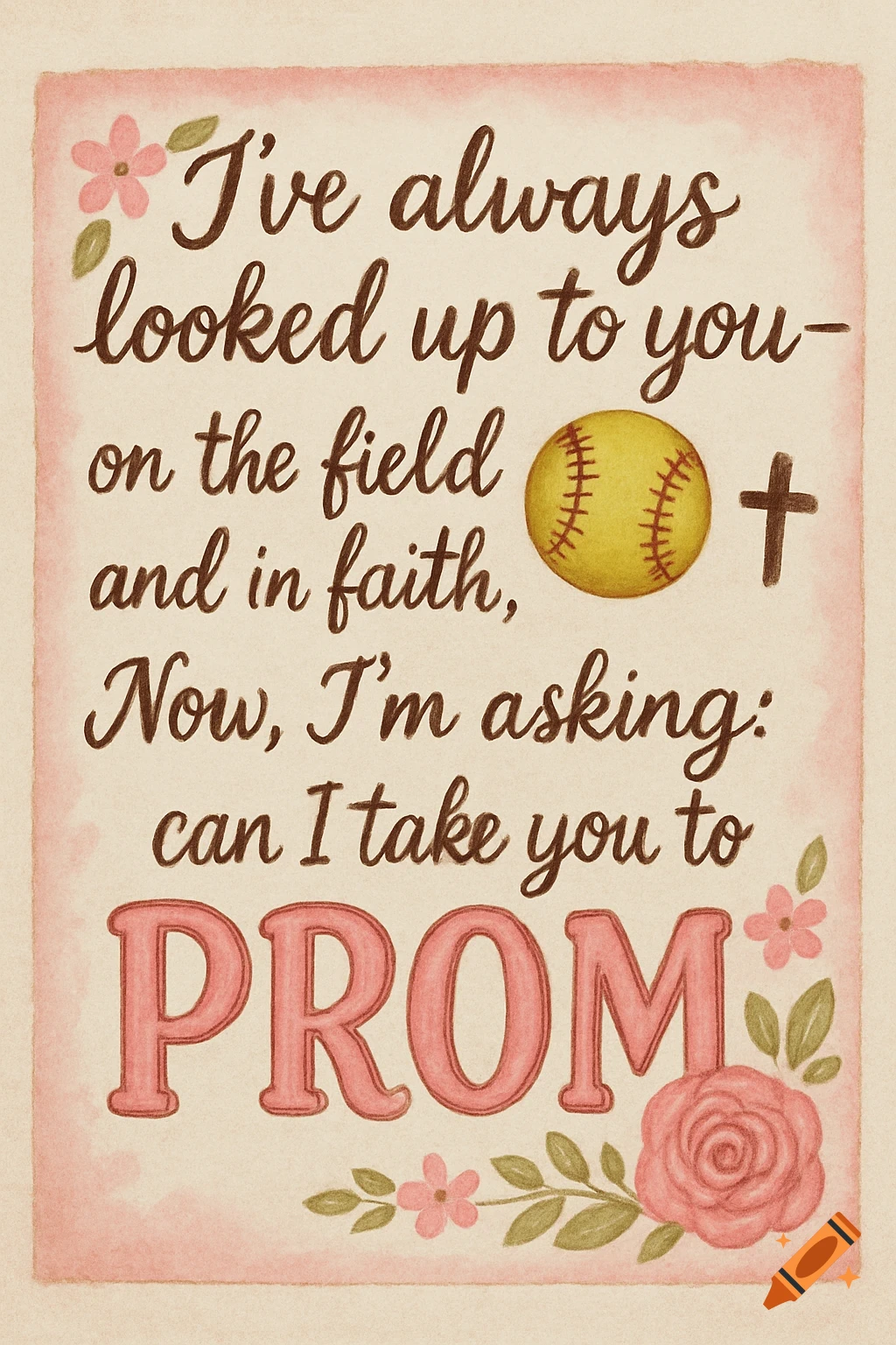 Watercolor promposal sign with text about softball and faith, a softball, cross, and flowers.
