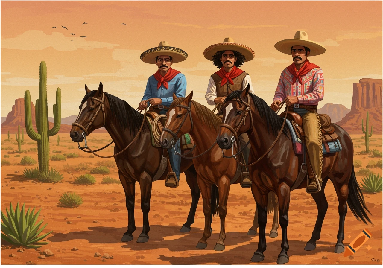 Three men in sombreros ride horses through a desert landscape painting.