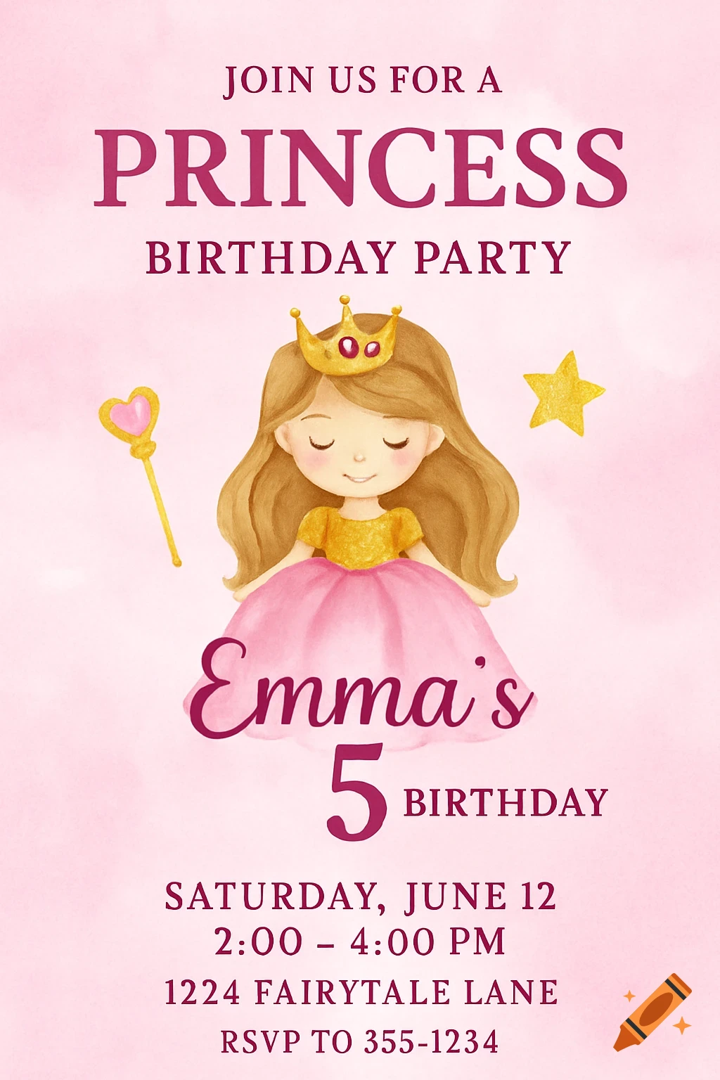 Princess birthday invitation with cartoon princess illustration, wand, and party details on a pink watercolor background.