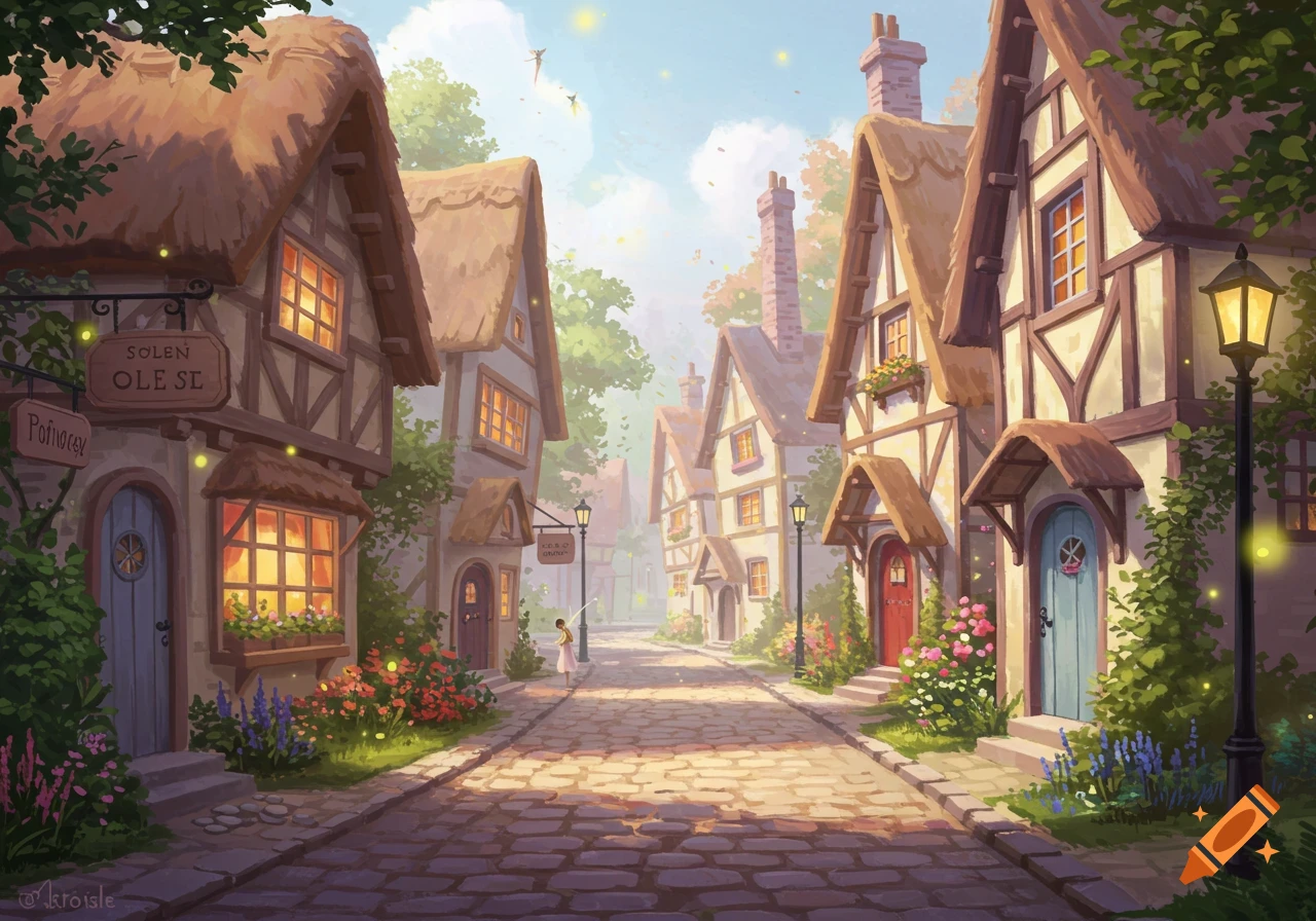 A sunny cobblestone street in a fantasy village with thatched-roof houses and flowers.