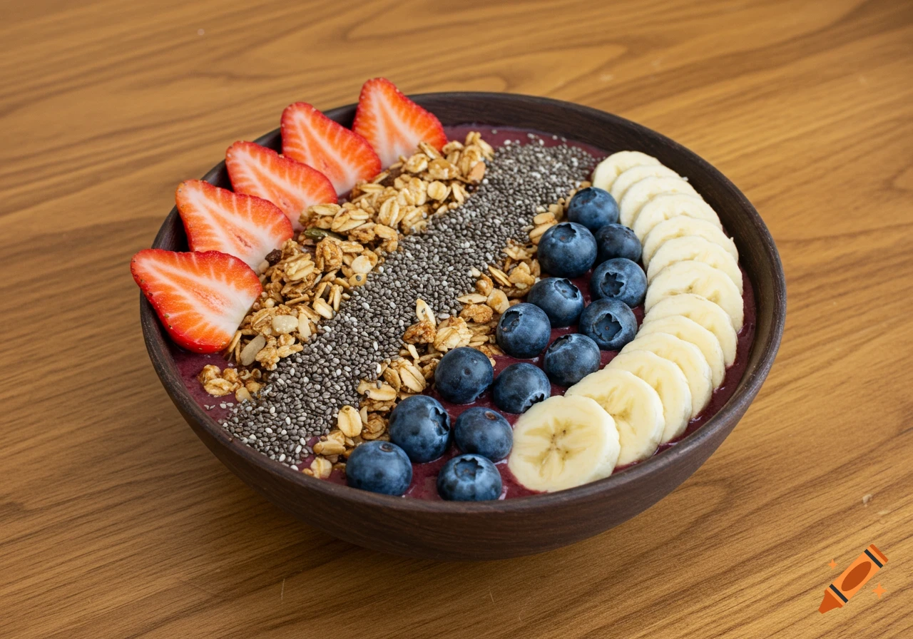Acai bowl topped with sliced strawberries, blueberries, sliced bananas ...