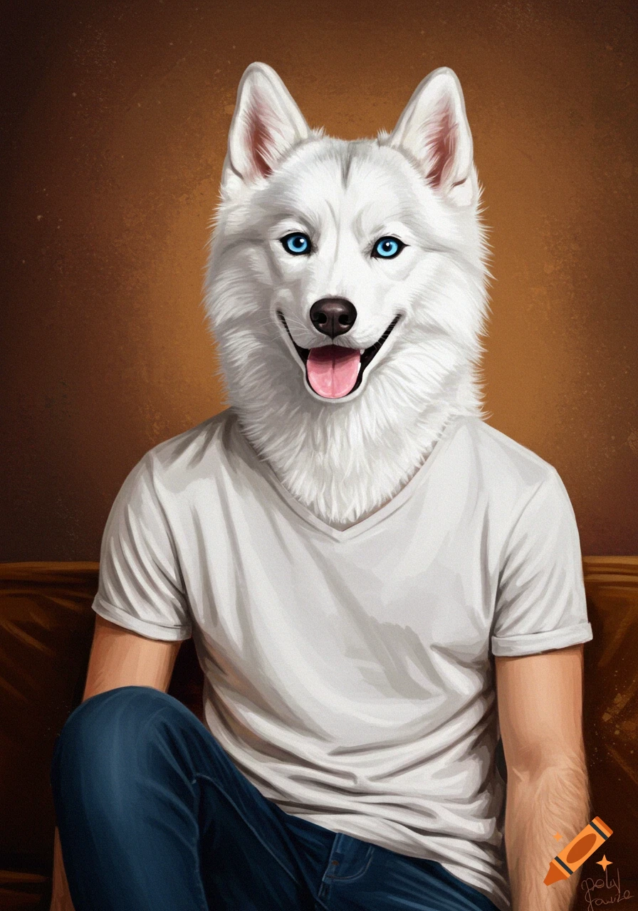Illustration of a person with a white husky head wearing a white t-shirt, sitting on a couch.