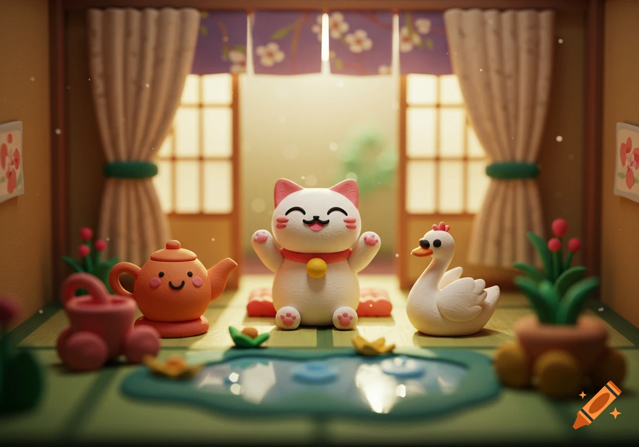 A clay model scene with a happy cat, swan, and teapot in a Japanese-style room with curtains and a pond.