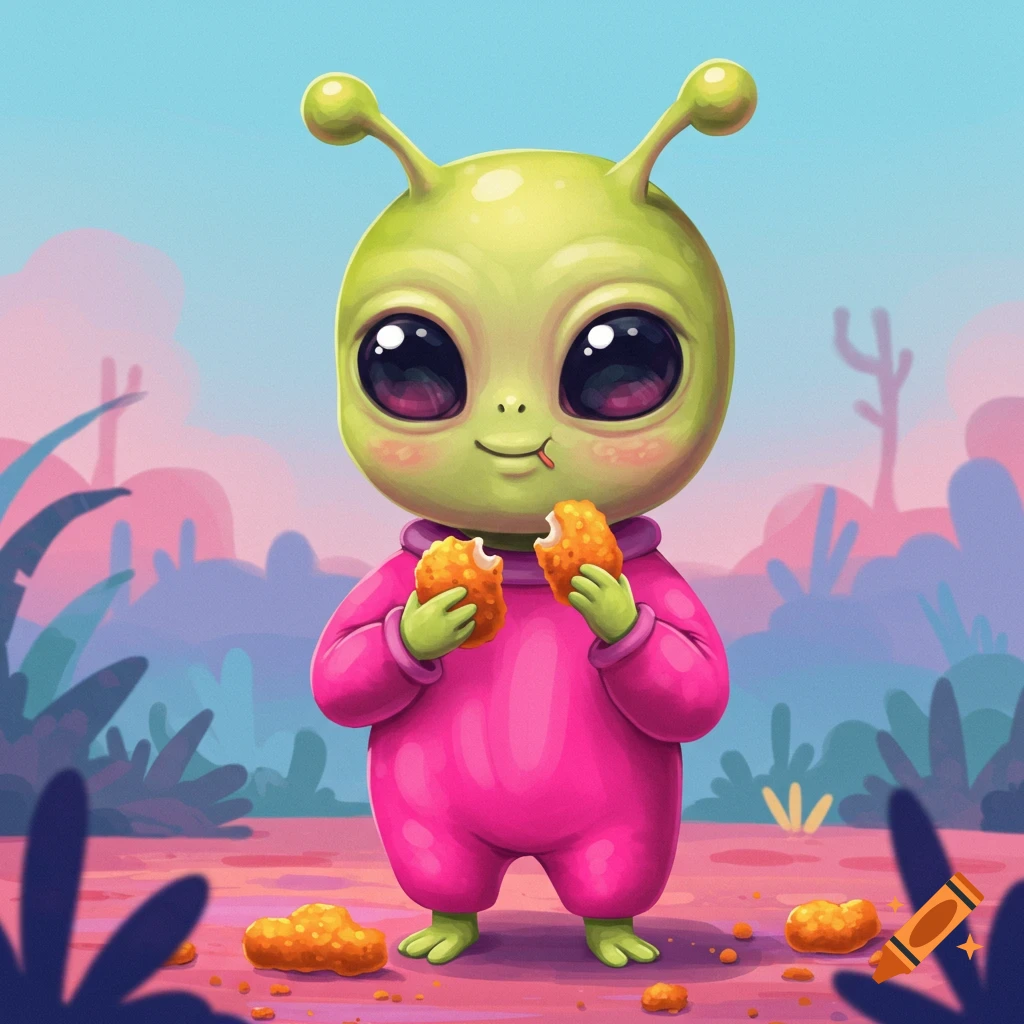 A cute green alien in a pink suit eats chicken nuggets in a colorful, stylized landscape.