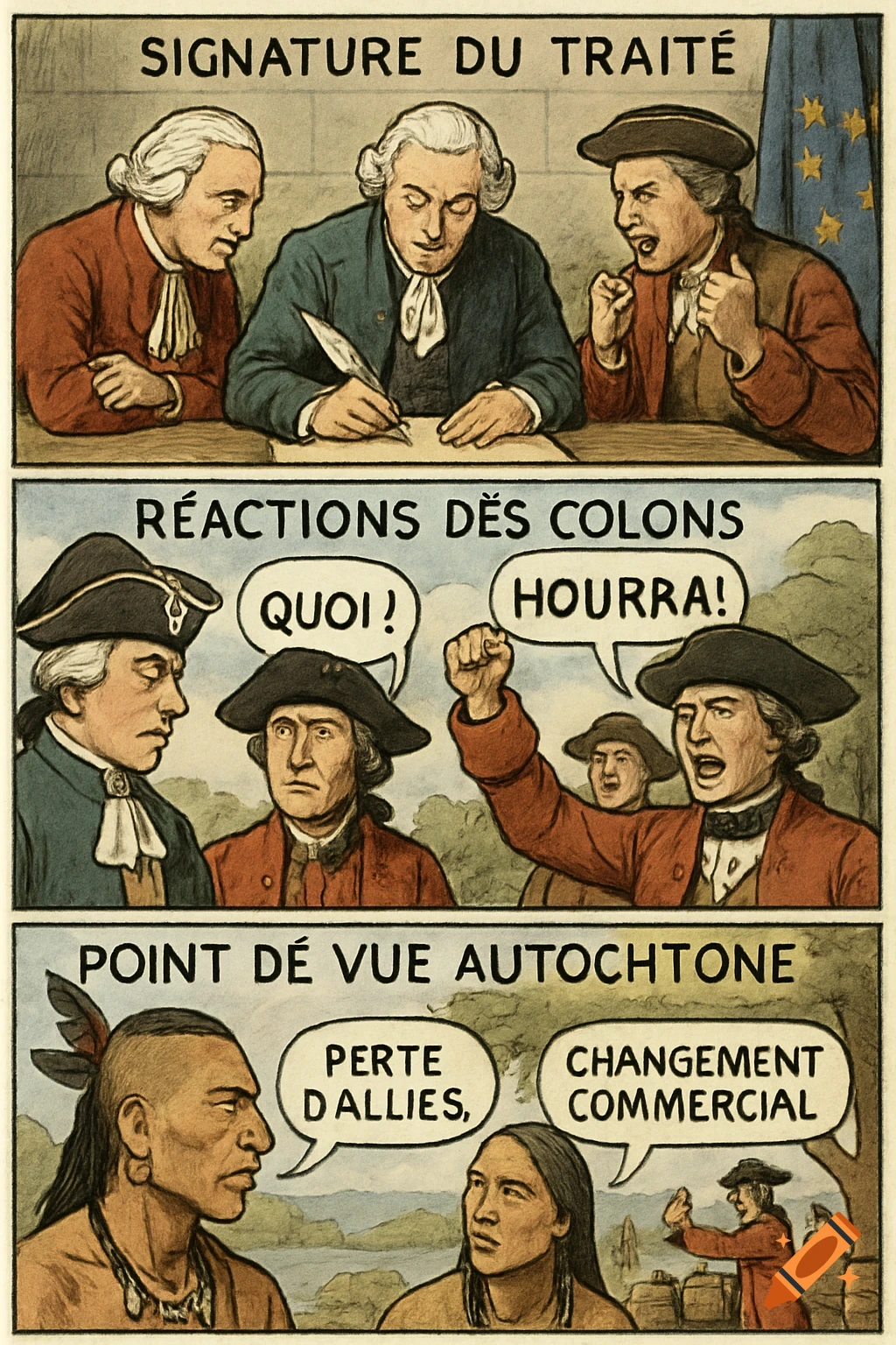 Comic strip illustrating a treaty signing from three perspectives: European signing, colonists reacting, and indigenous people discussing consequences.