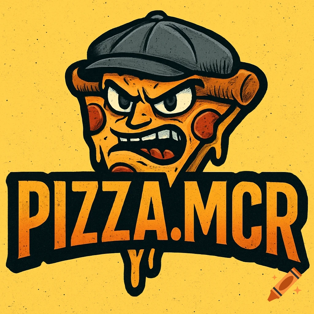 Cartoon logo of an angry pizza slice with a flat cap and 'PIZZA.MCR' text.