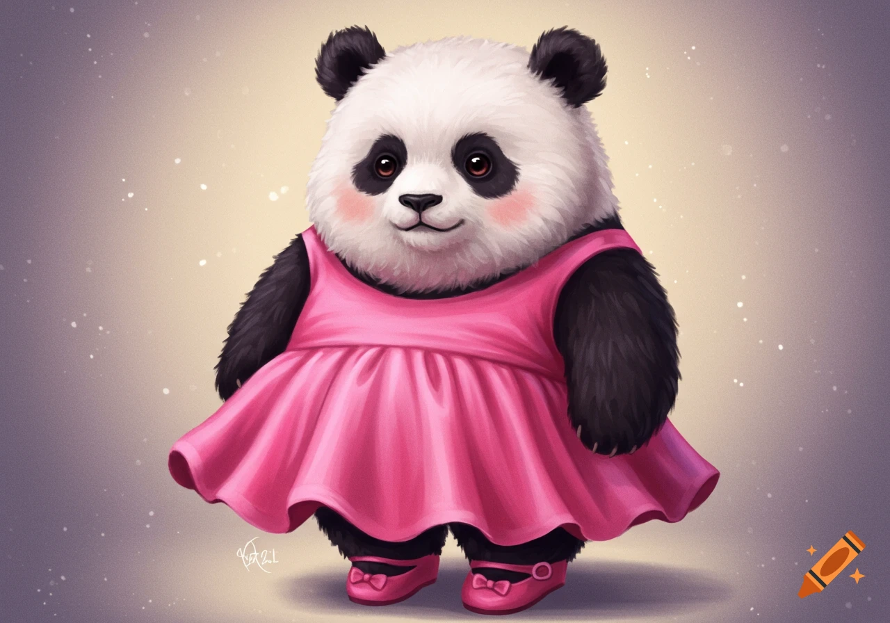 A pudgy panda wearing a pink dress and pink shoes.