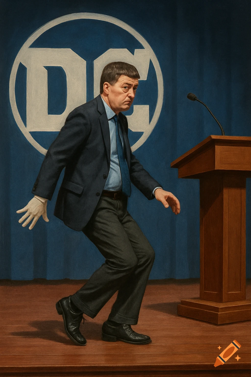A man in a suit and one white glove does the moonwalk on a stage with a large DC logo behind him.