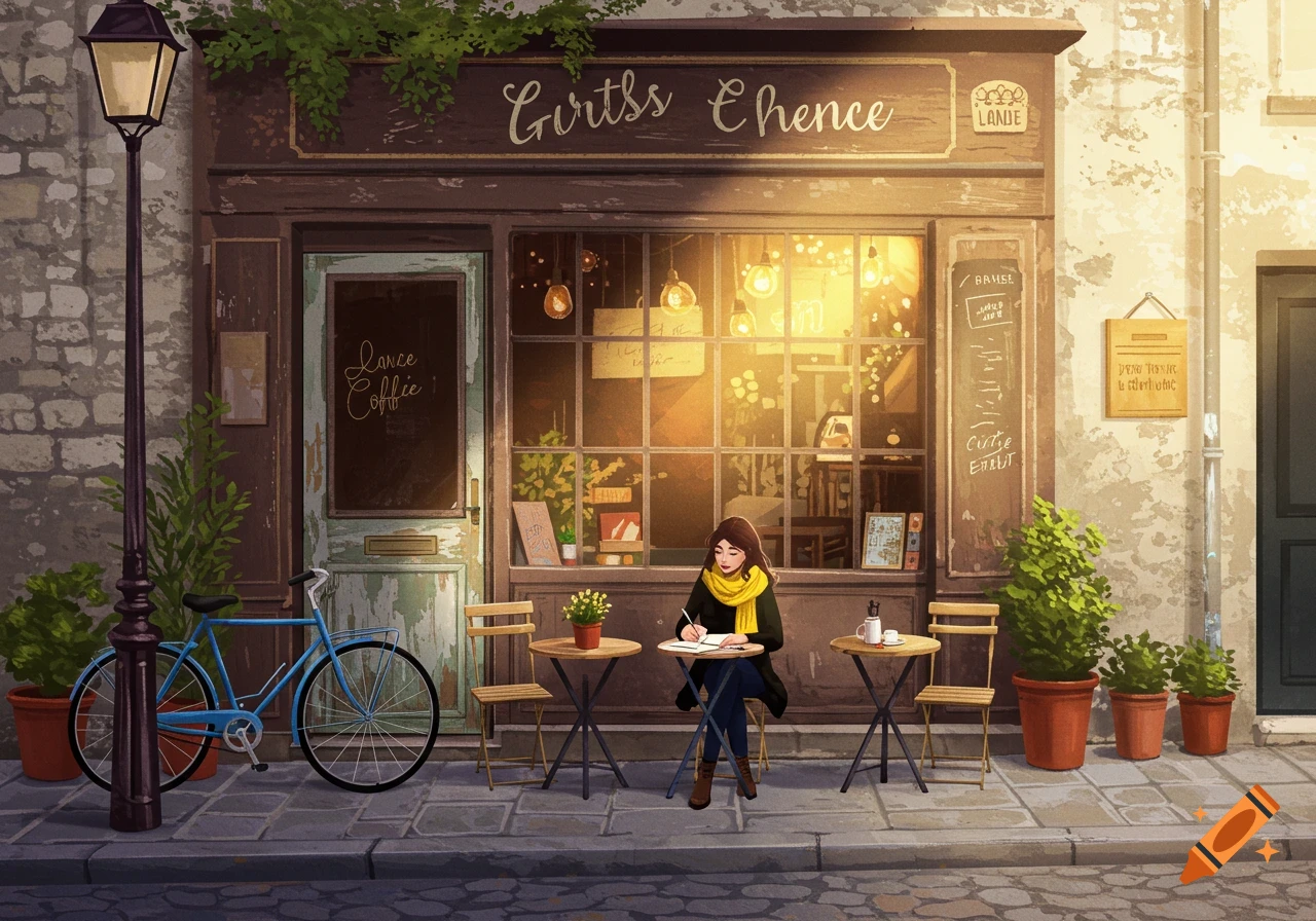 An illustration of a person writing at a table outside a European-style coffee shop with a bicycle.