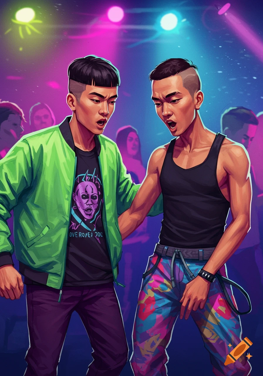 Two Asian men dance at a neon-lit rave. Digital illustration.