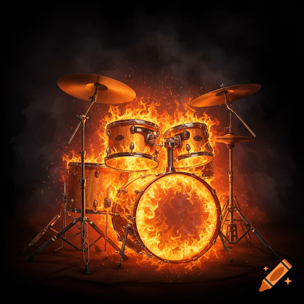 A drumset is engulfed in flames against a dark background.