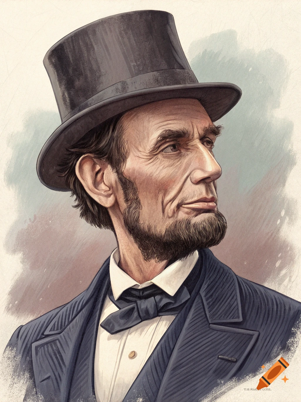 Illustration portrait of Abraham Lincoln in a top hat and suit.
