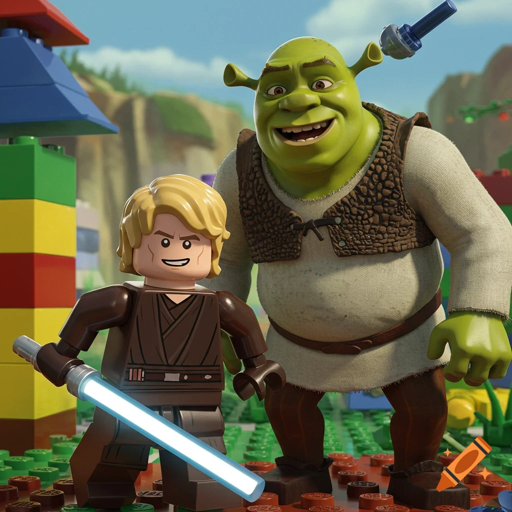 Lego Anakin Skywalker holding a lightsaber next to Lego Shrek standing on Lego blocks
